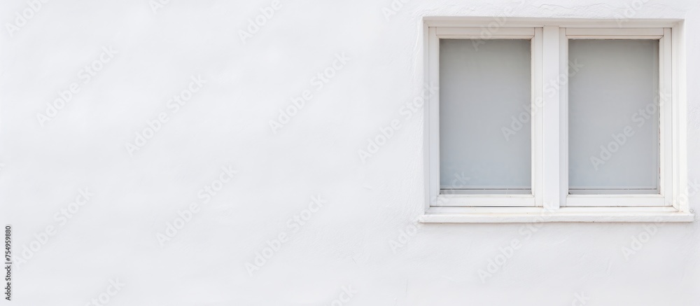 A black and white landscape closeup of a window set against a plain white wall, highlighting the contrast between the window frame and the background.