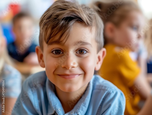 Close-up of a cheerful young boy smiling at the camera in a colorful classroom setting with peers in the background.