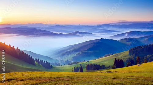 morning panorama of mountains valley, splendid summer sunrise in Carpathian mountains, Rika village location, Transcarpathian, Ukraine, Europe. photo