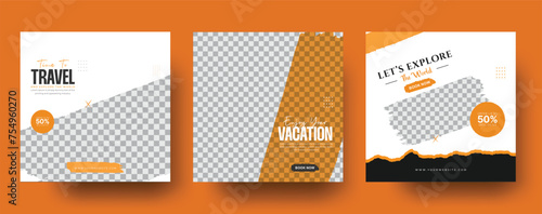 Explore the world tour and travel agency social media post set vector,  or summer beach traveling social media post, or web banner template design. 
