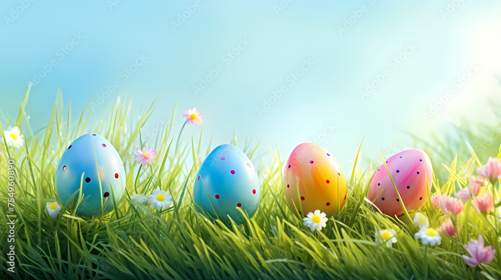 Easter eggs on green grass on a sunny day Easter eggs on green grass on a sunny day