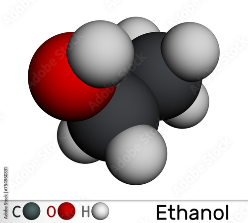 Ethanol  ethyl alcohol C2H5OH molecule. Molecular model. 3D rendering