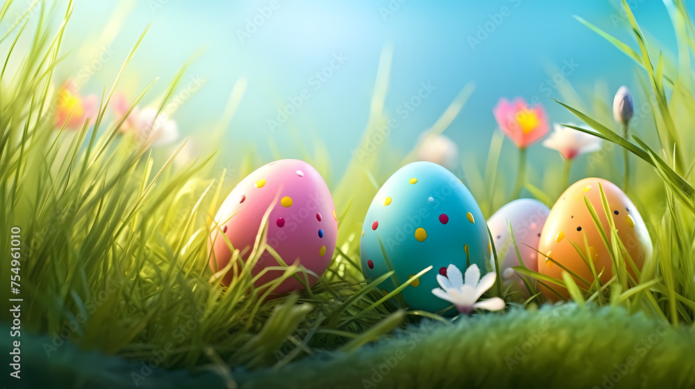 Easter eggs on green grass on a sunny day Easter eggs on green grass on a sunny day