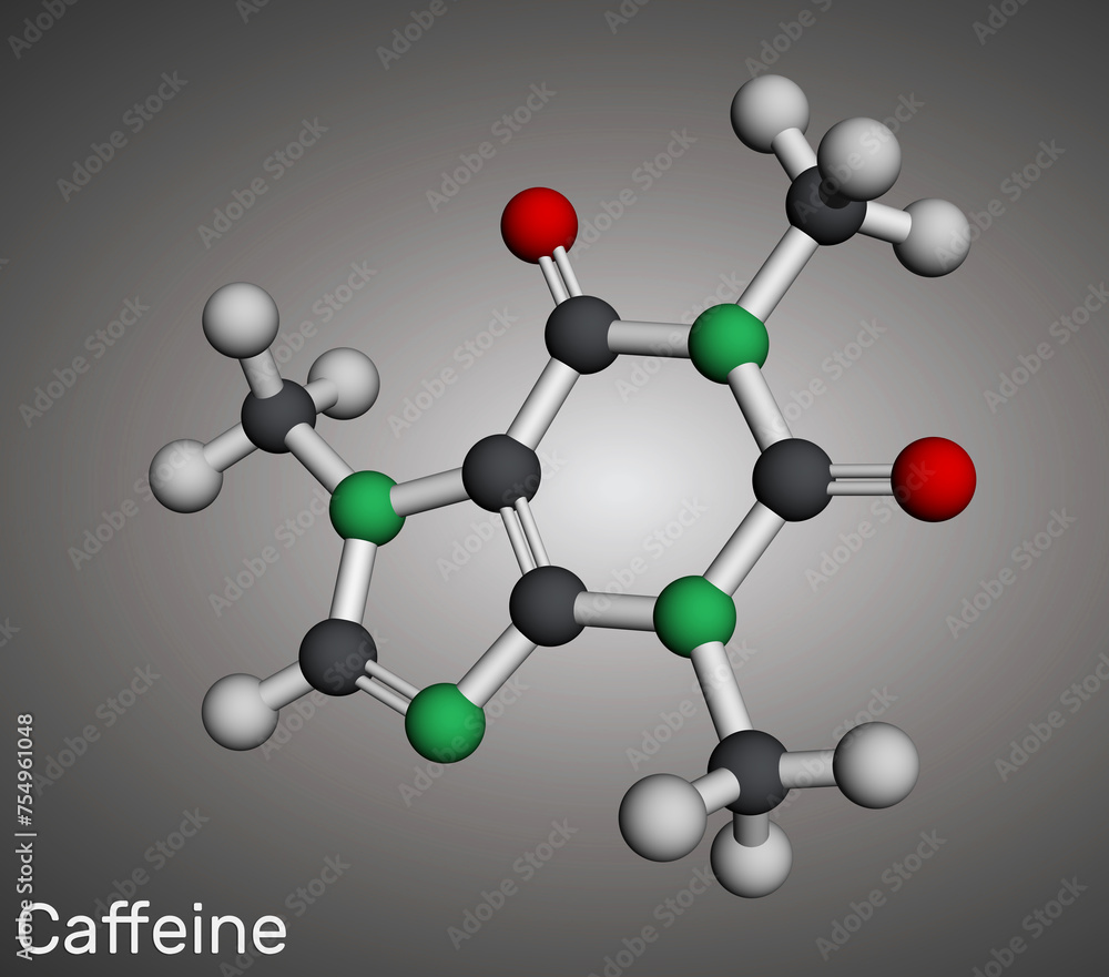 Caffeine molecule. Molecular model. 3D rendering. Caffeine molecule. Molecular model. 3D rendering.