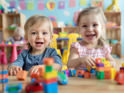 Two smiling children playing with colorful blocks in a cheerful daycare setting.