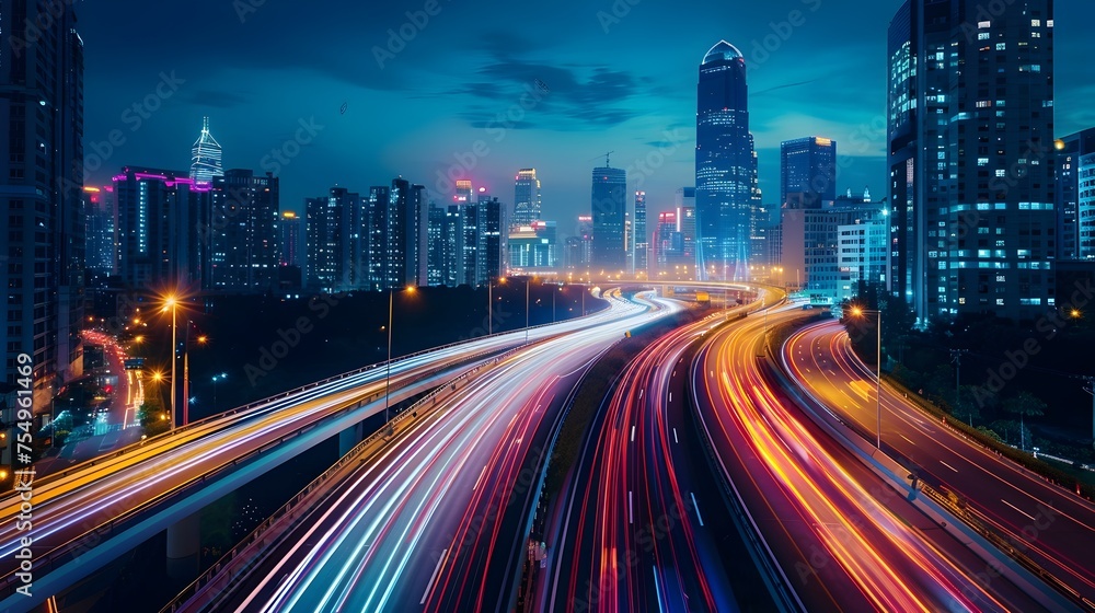 Vibrant city night with traffic light trails, perfect for urban lifestyle and transportation.