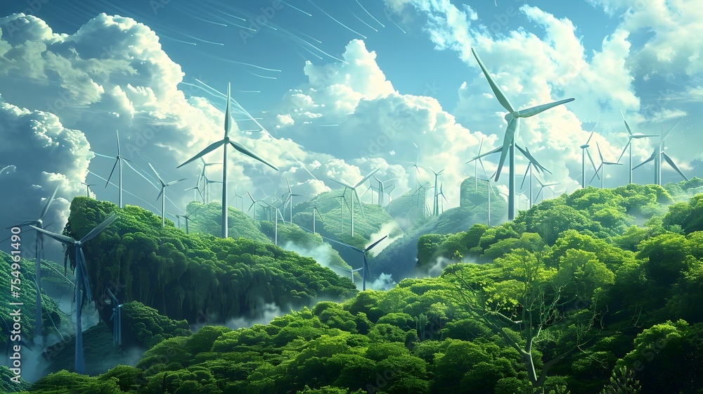 Renewable energy wind turbines in lush landscape, suitable for sustainability and power.,Sustainable,green city,Green Economy,Green Business,ESG,Environmental Social Governance,Carbon Tax - obrazy, fototapety, plakaty 