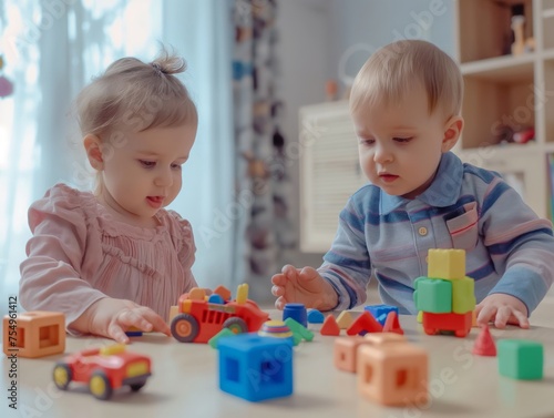 Two toddlers engaging with colorful toys on a table, focused and learning through play.