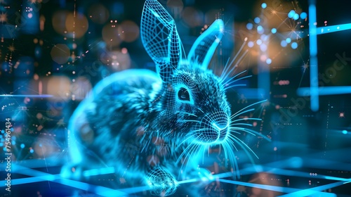 Digital wireframe rabbit in a neon dreamscape, suitable for technology and nature concepts.