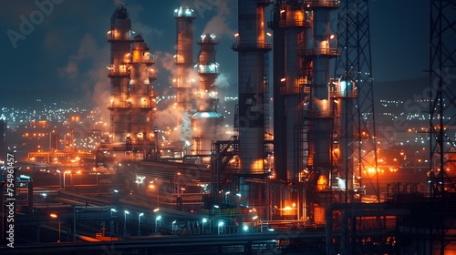 Illuminated refinery towers at night, ideal for industrial and energy sector representation. © R Studio