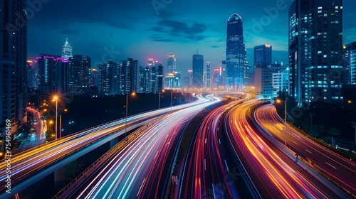 Vibrant city night with traffic light trails, perfect for urban lifestyle and transportation.