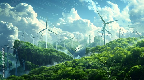 Renewable energy wind turbines in lush landscape, suitable for sustainability and power.,Sustainable,green city,Green Economy,Green Business,ESG,Environmental Social Governance,Carbon Tax