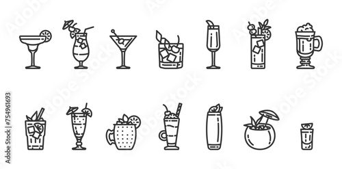 Alcoholic cocktails icon set.