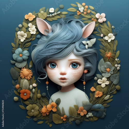 A little girl with cat ears and whiskers in a frame of wildflowers. A young kid surrounded by flowers in a dreamy illustration. AI-generated