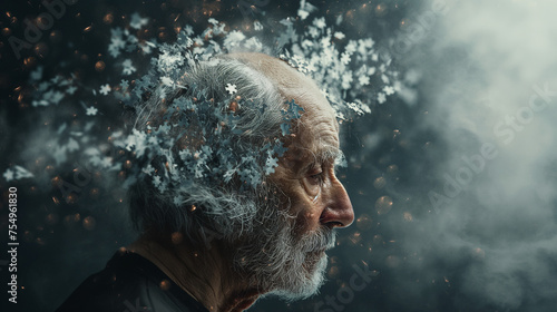 A sad old man suffering from Alzheimer's disease loses his memory and memories, like puzzle pieces scatter from his consciousness. Problems of Alzheimer's patients, helplessness and loss of mind