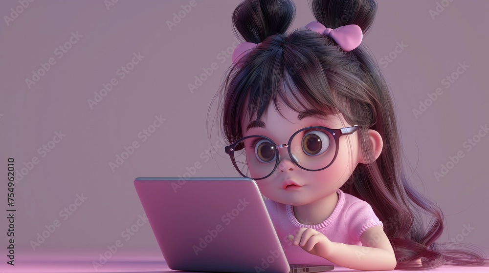 Сute character 3D girl with glasses and ponytails on her head sits at the table and works at a laptop on a dark pink background Сute character 3D girl with glasses and ponytails on her head sits at the table and works at a laptop on a dark pink background