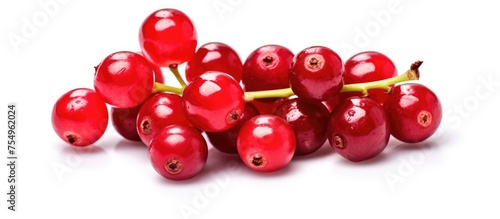 A stunning display of vibrant red cranberries on a crisp white background, resembling a work of art. These natural foods inspire creativity in both food and fashion