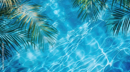 Tropical palm leaves in the water on a blue background with a place to copy text. The concept of recreation, tourism and sea travel.