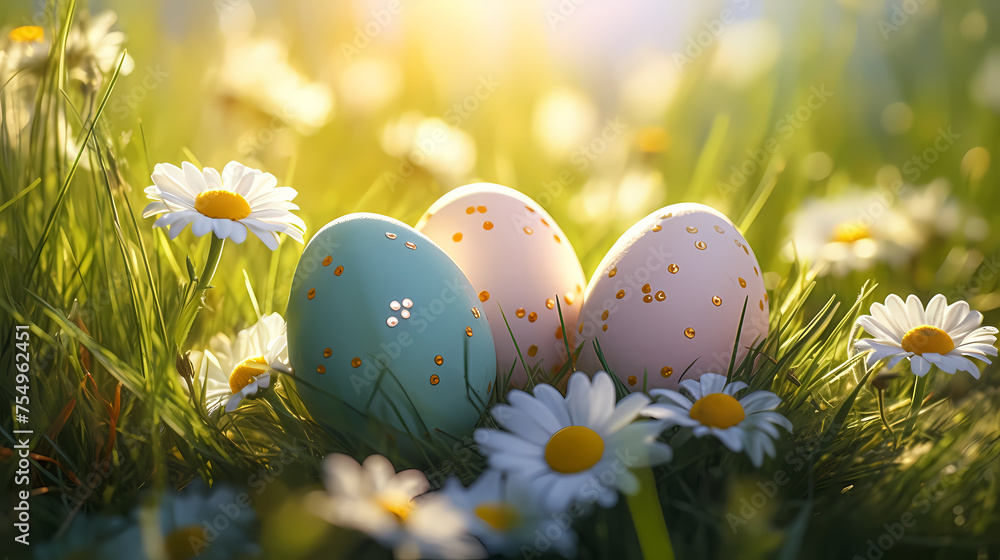 Easter eggs on green grass on a sunny day Easter eggs on green grass on a sunny day