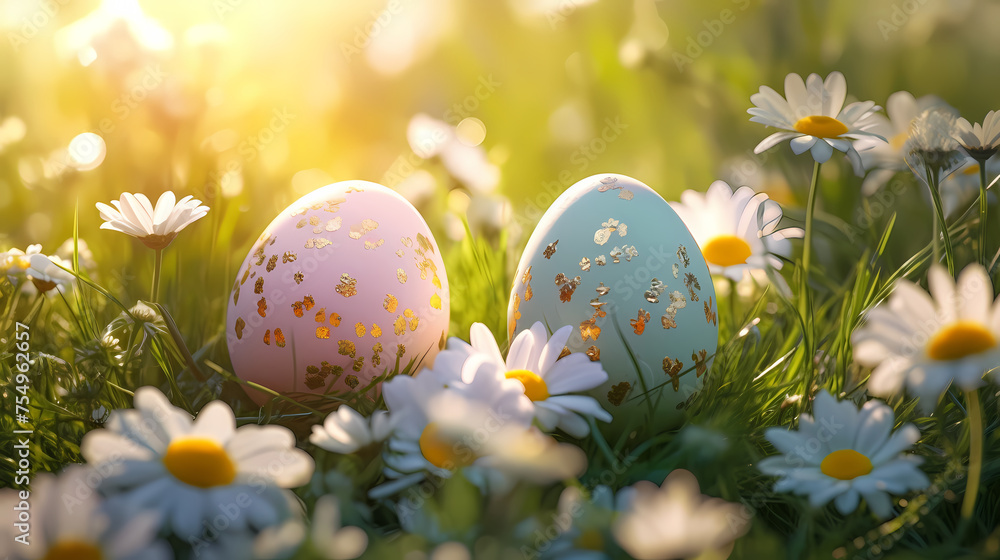 Easter eggs on green grass on a sunny day Easter eggs on green grass on a sunny day