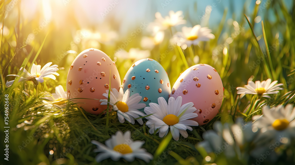 Easter eggs on green grass on a sunny day Easter eggs on green grass on a sunny day
