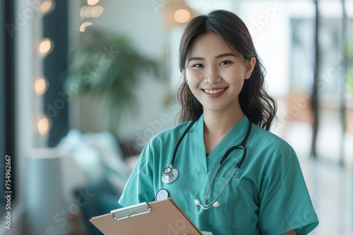 Whistlerian Harmony: Smiling Asian Female Nurse in Vibrant Turquoise and Black Palette with Clipboard photo