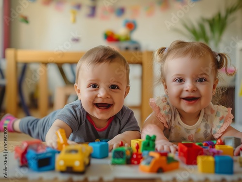 Two smiling toddlers playing with colorful toys on a playmat, radiating happiness and innocence.