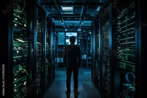 Intimidating Person standing in front of dark server room. Cyber security specialist in database centrum. Generate ai