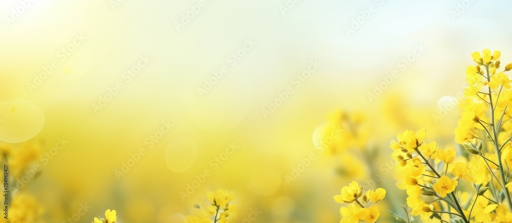 A vibrant field of yellow flowers contrast against a clear blue sky as people in nature enjoy the colorful natural landscape with herbaceous plants and grassland stretching to the horizon A vibrant field of yellow flowers contrast against a clear blue sky as people in nature enjoy the colorful natural landscape with herbaceous plants and grassland stretching to the horizon