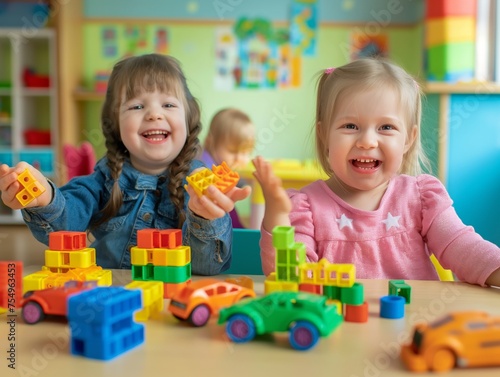 Two cheerful kids engaged in play with colorful toy blocks in a bright playroom, embodying joy and creativity.