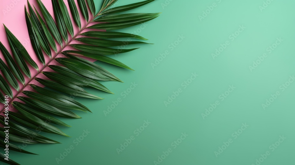 Palm tree with tropical leaves on a green background with a place for text. The concept of recreation, tourism and sea travel. Palm tree with tropical leaves on a green background with a place for text. The concept of recreation, tourism and sea travel.