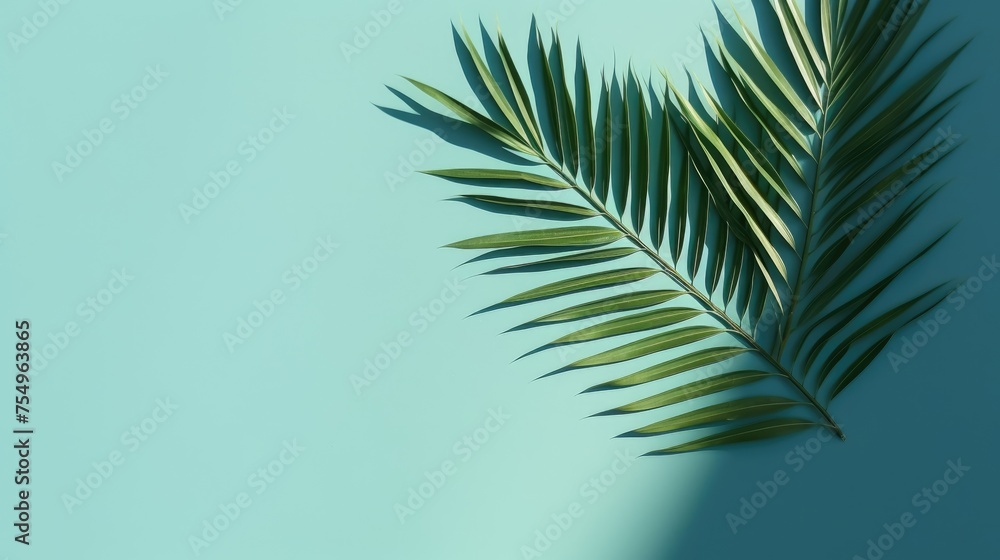 Palm tree with tropical leaves on a green background with a place for text. The concept of recreation, tourism and sea travel. Palm tree with tropical leaves on a green background with a place for text. The concept of recreation, tourism and sea travel.