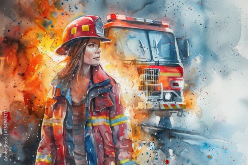Firefighter woman walking near fire engine with colorful splash watercolor