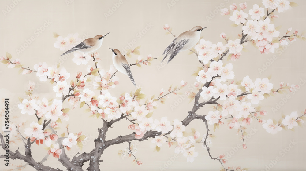 Japanese illustration of Sakura trees, Cherry blossom trees with Birds Japanese illustration of Sakura trees, Cherry blossom trees with Birds