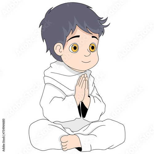 cartoon doodle illustration of people carrying out religious activities, Muslim men wearing white clothes praying