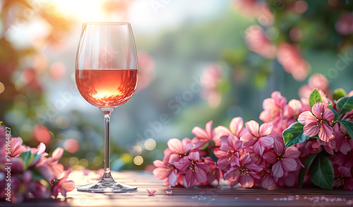 Glass of wine against the backdrop of a blooming garden in spring. Free space for text