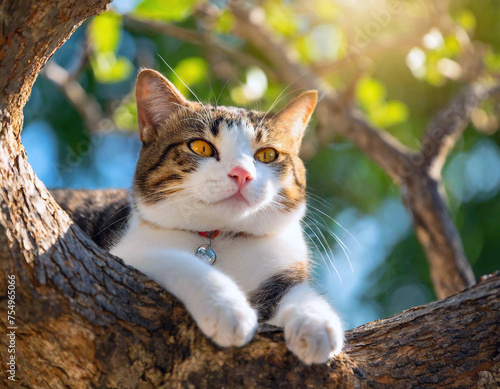 나무에 앉아서 햇빛을 쬐고있는 고양이