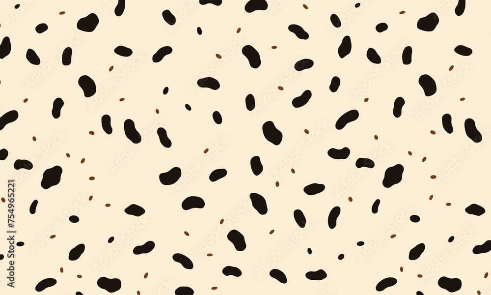 simple, minimalistic leopard print pattern with small black dots on a cream background. fabric printing and have an elegant feel. It could feature spots in varying sizes to create depth and texture