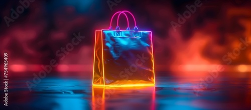 Neon Glowing Shopping Bag - 3D Render on Dark Background