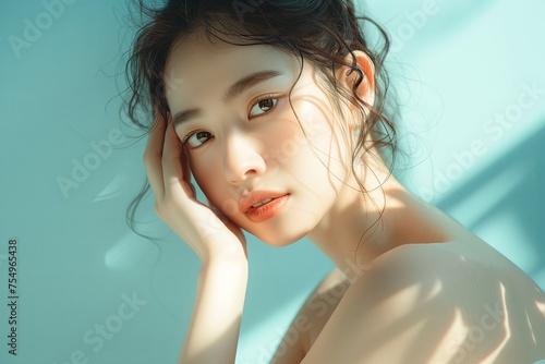 Young Asian beauty woman with korean makeup style, perfect clean skin on isolated blue background. Facial treatment, Cosmetology, plastic surgery.