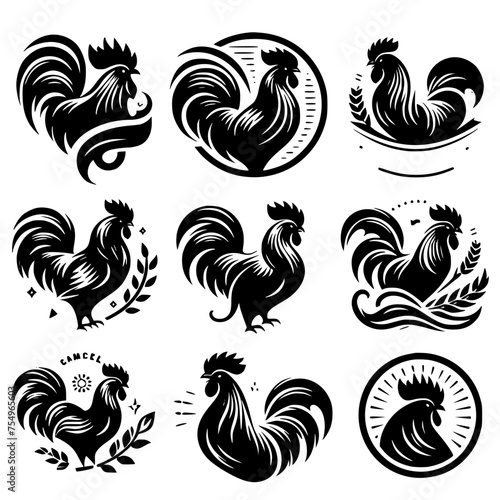 set of black and white roosters