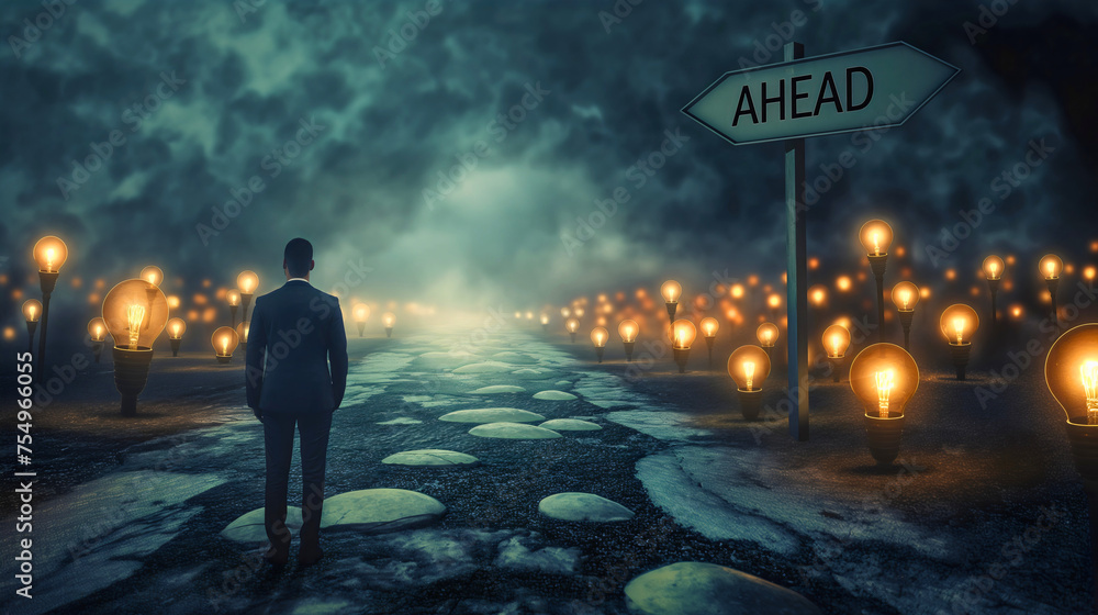 Rearview of the businessman in elegant suit standing on the stone road illuminated by light bulbs,on the left is the sign with text "Ahead" symbolizing the way or direction for a company career choice - obrazy, fototapety, plakaty 