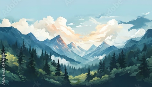 2d illustration of mountains and forest as a background with clouds in watercolor photo
