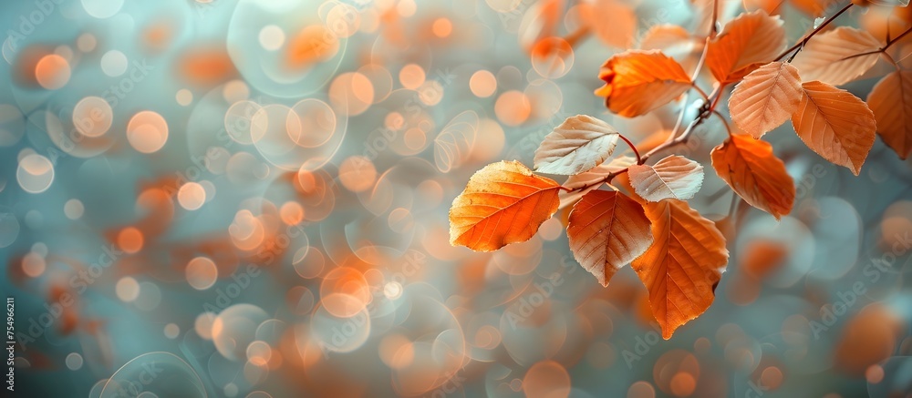 Autumn Bokeh Background with Orange Leaves on Light Blue Blur