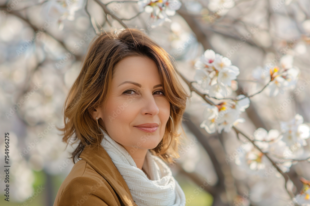 Portrait of a beautiful woman posing in front of a blooming cherry tree Portrait of a beautiful woman posing in front of a blooming cherry tree