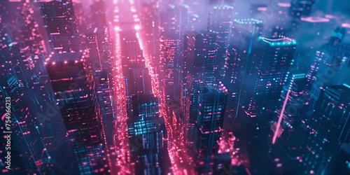 A cityscape with a pink and blue hue