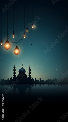 Illustration of ramadan Kareem background with mosque and lanterns