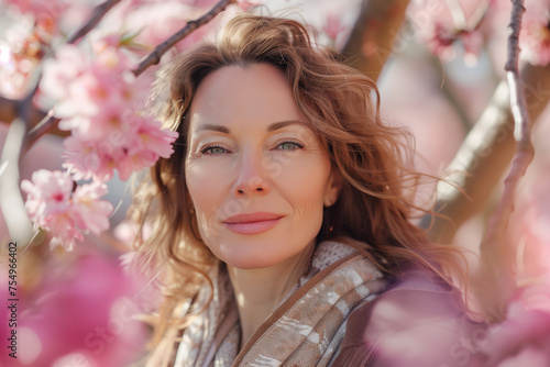 Portrait of a beautiful woman posing in front of a blooming cherry tree