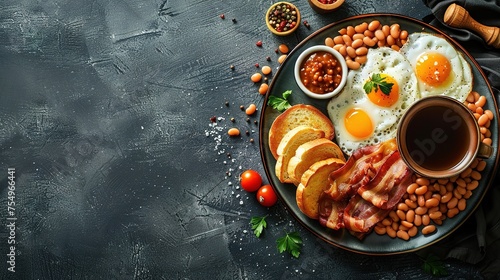 Full English breakfast on a plate with fried eggs, sausages, bacon, beans, toasts and coffee