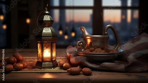 Arabic lantern on wooden table in front of window. Ramadan Kareem greeting card